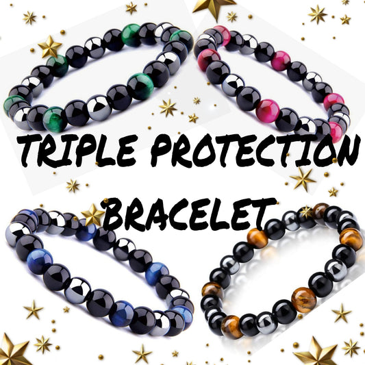 Triple Protection Bracelet- Hematite, Black Obsidian, Tiger Eye Stone Beaded Bracelets for Men, Women Stress Relief, Anxiety Healing, Yoga Stretch Bracelets for Bringing Luck