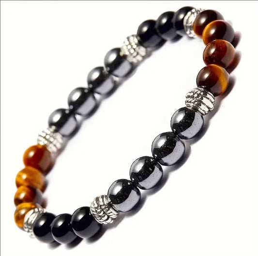 1pc Triple Protection Bracelet For Prosperity, Good Luck, Natural Hematite Tiger Eye Black Obsidian Stone Bracelet For Man Women, Absorbs Negative Energy, Release Anxiety