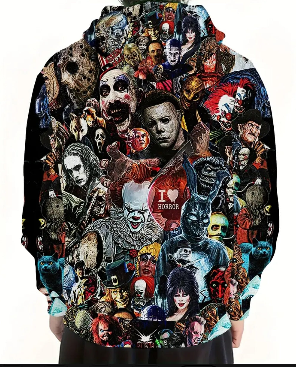 Christmas Horror Themed Hoodie with All Over Print - Polyester Spandex Blend, Slight Stretch, Hooded Pullover with Knit Fabric, Regular Fit for Autumn Winter